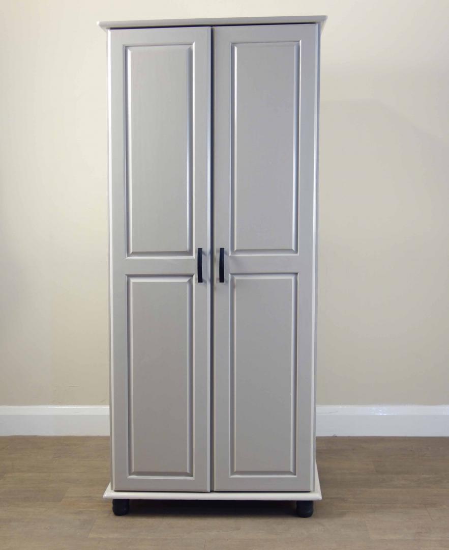 Pine 2-Door Wardrobe Height: 178cm, Width: 77cm, Depth: 52cm This item was cleaned, painted and upholstered in our London based workshop, using Little Greene 'Mushroom' on the body and 'Lamp Black' paint on the feet.
