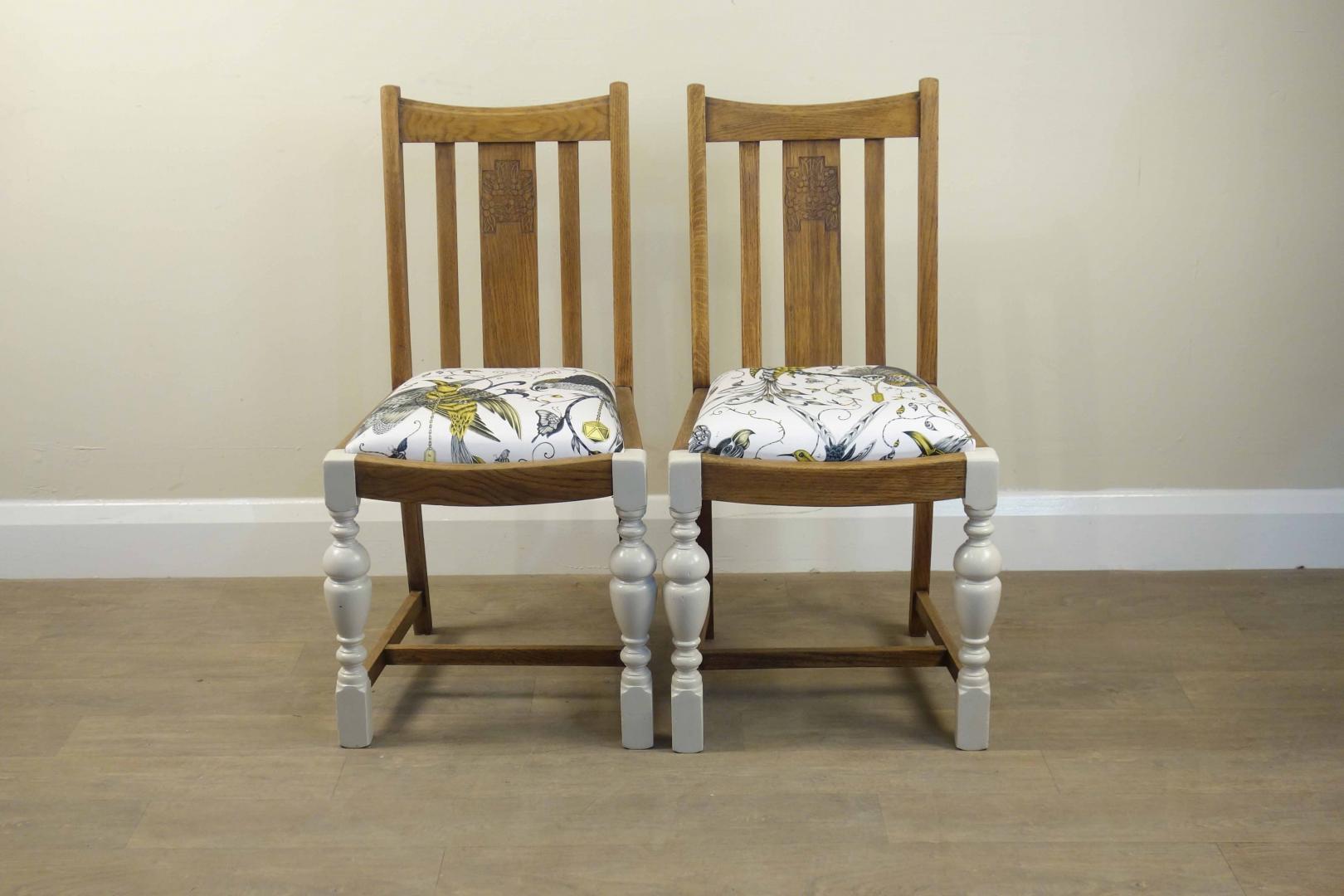 Pair of Solid Wood Vintage Chairs Height: 90cm, Width: 45cm, Depth: 42cm This item has been cleaned, restore and reupholstered in our London based workshop, using Little Greene 'Mushroom' paint with clear wax and Emma Shipley Audubon cotton fabric.