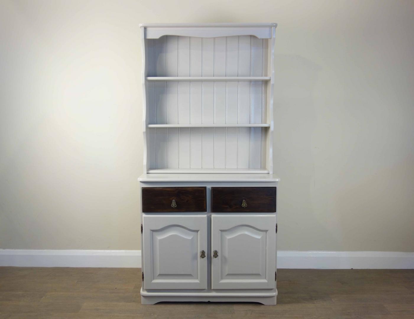 Vintage Pine Farmhouse Style Welsh Dresser Height: 186cm, Width: 92cm, Depth: 38cm This item was cleaned, painted and restored in our London based workshop, using Little Greene ‘Mushroom’ paint, stain and wood oil.