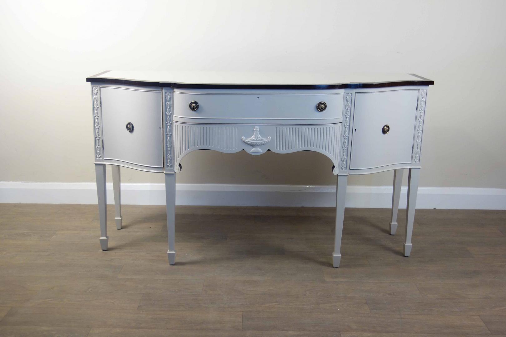 Georgian Style Mahogany Tall Sideboard Height: 93cm, Width: 168cm, Depth: 58cm This item was cleaned, painted and restored in our London based workshop, using Little Greene ‘Mushroom’, stain and clear varnish.