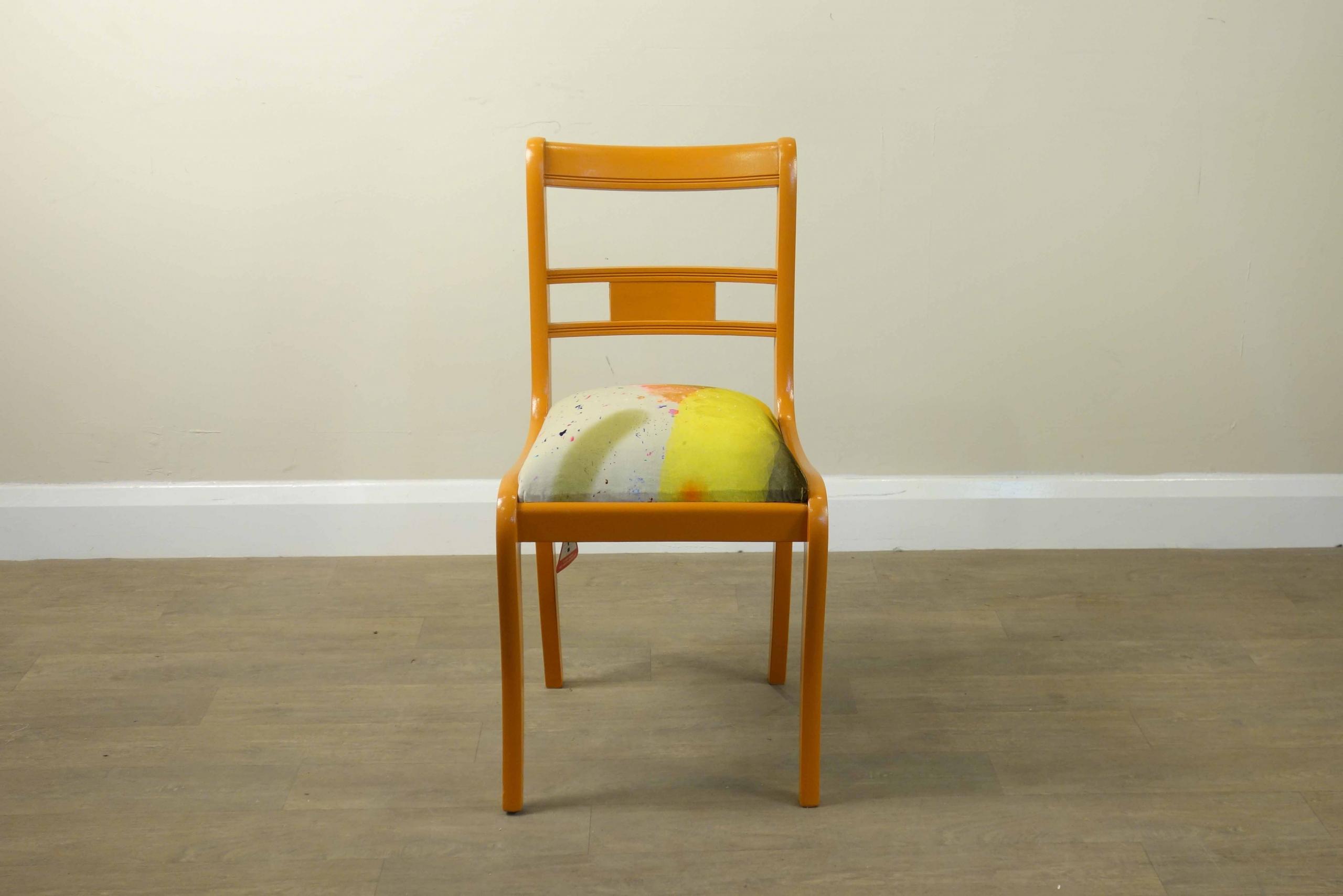 Vintage Upholstered Chair Height: 90cm, Width: 45cm, Depth: 42cm This item was cleaned, painted and upholstered in our London based workshop, using Dulux ‘Orange’ paint and Abstract velvet fabric.