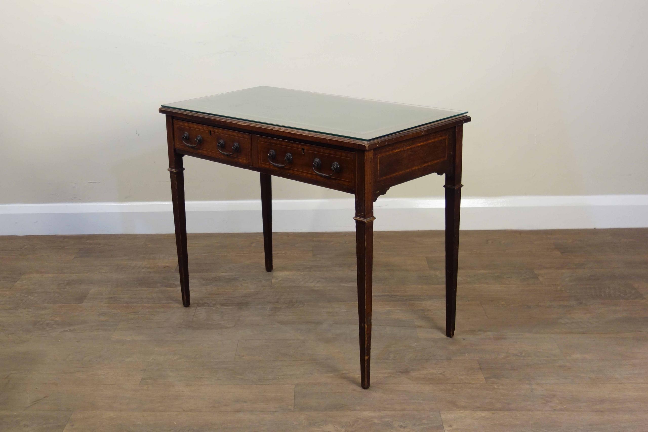 Wolfe & Hollander Leatherette Antique Writing Desk with Glass Top. Height: 73cm, Width: 92cm Depth: 50cm. This item was cleaned in our London based workshop