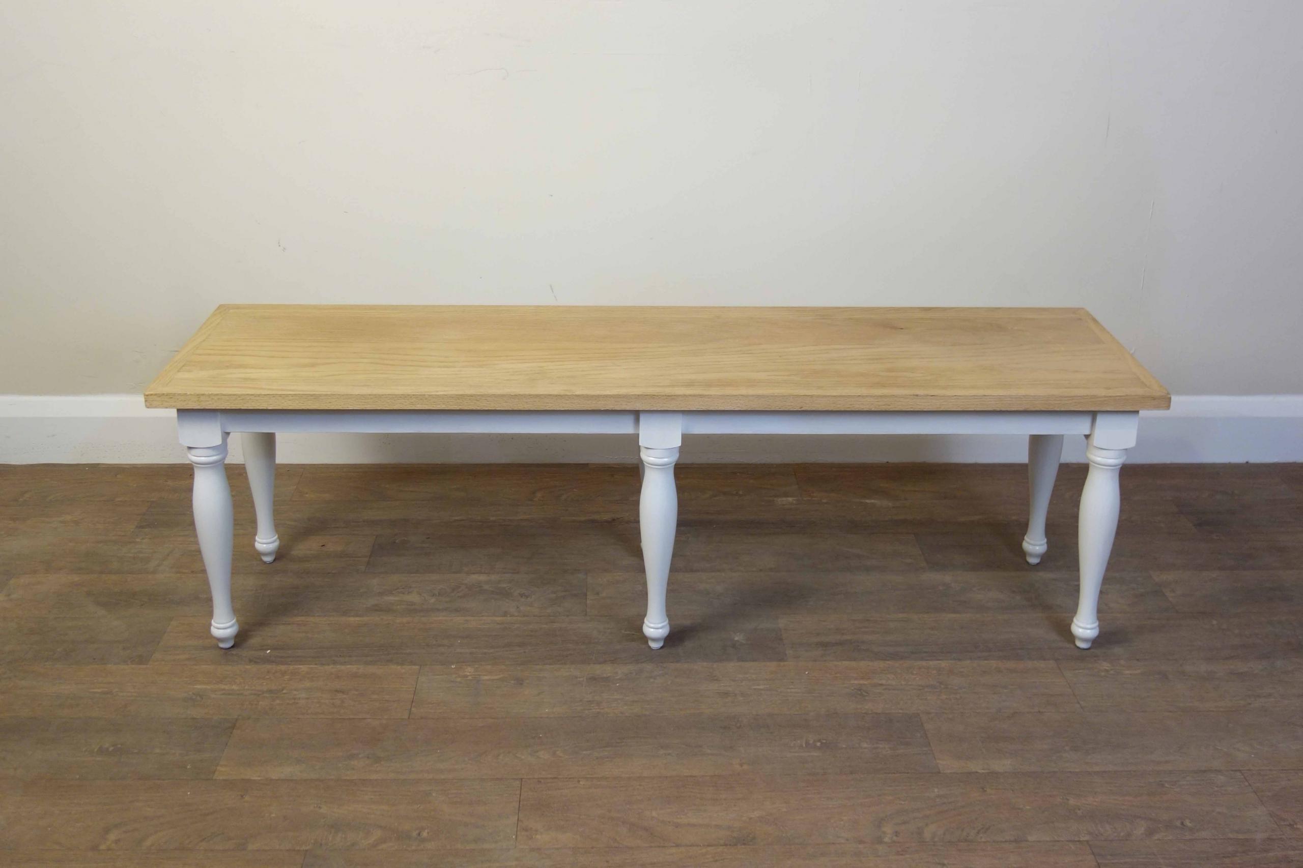 Wooden Dining Bench. This item was cleaned and painted in our London based workshop, using Rust-oleum 'Steamed Milk' paint, clear wax and clear varnish.