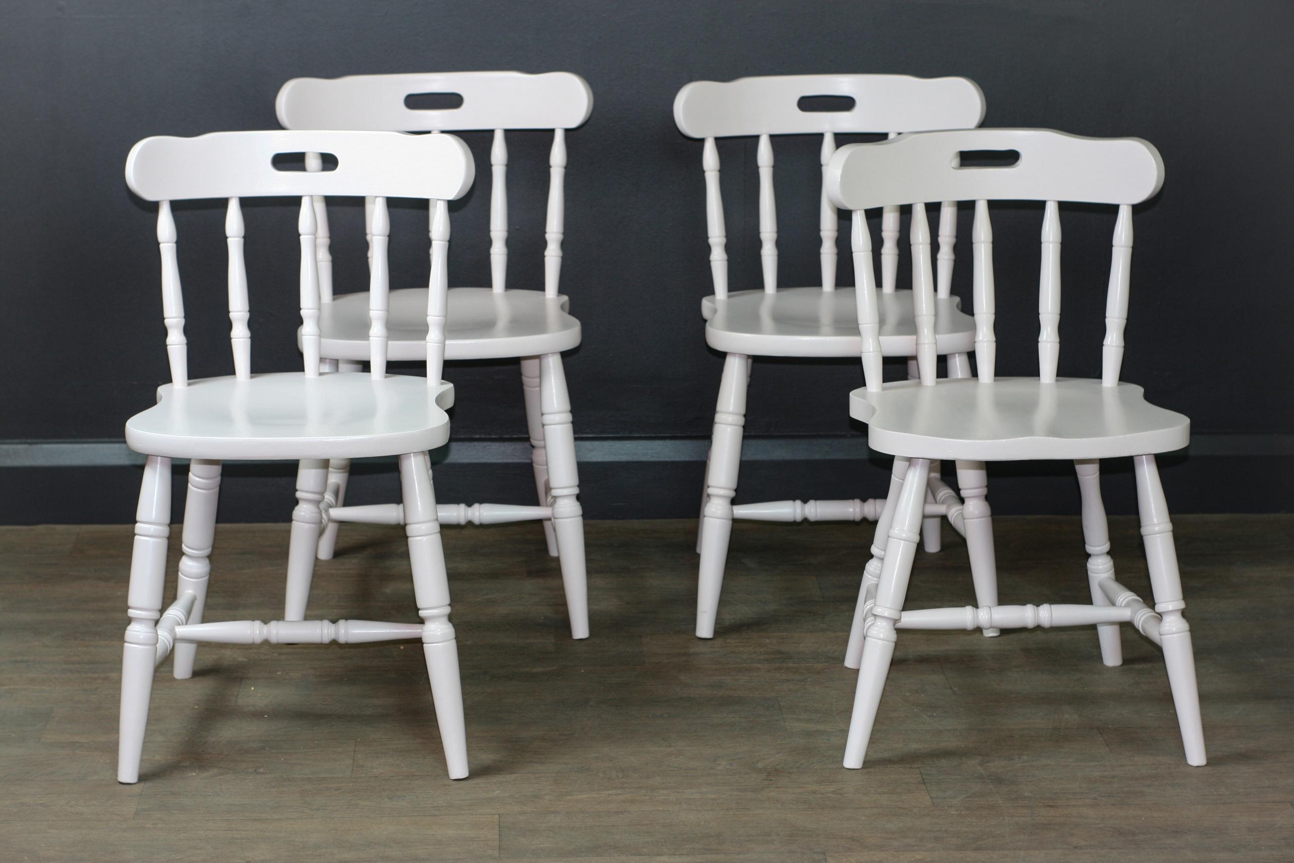 Set of 4 Pink Dining Chairs These Pink Dining Chairs have been clean, stripped back and hand painted in Farrow and Ball 'Calamine' Height: 79cm, Seat Height: 49cm, Width: 49cm, Depth: 45cm