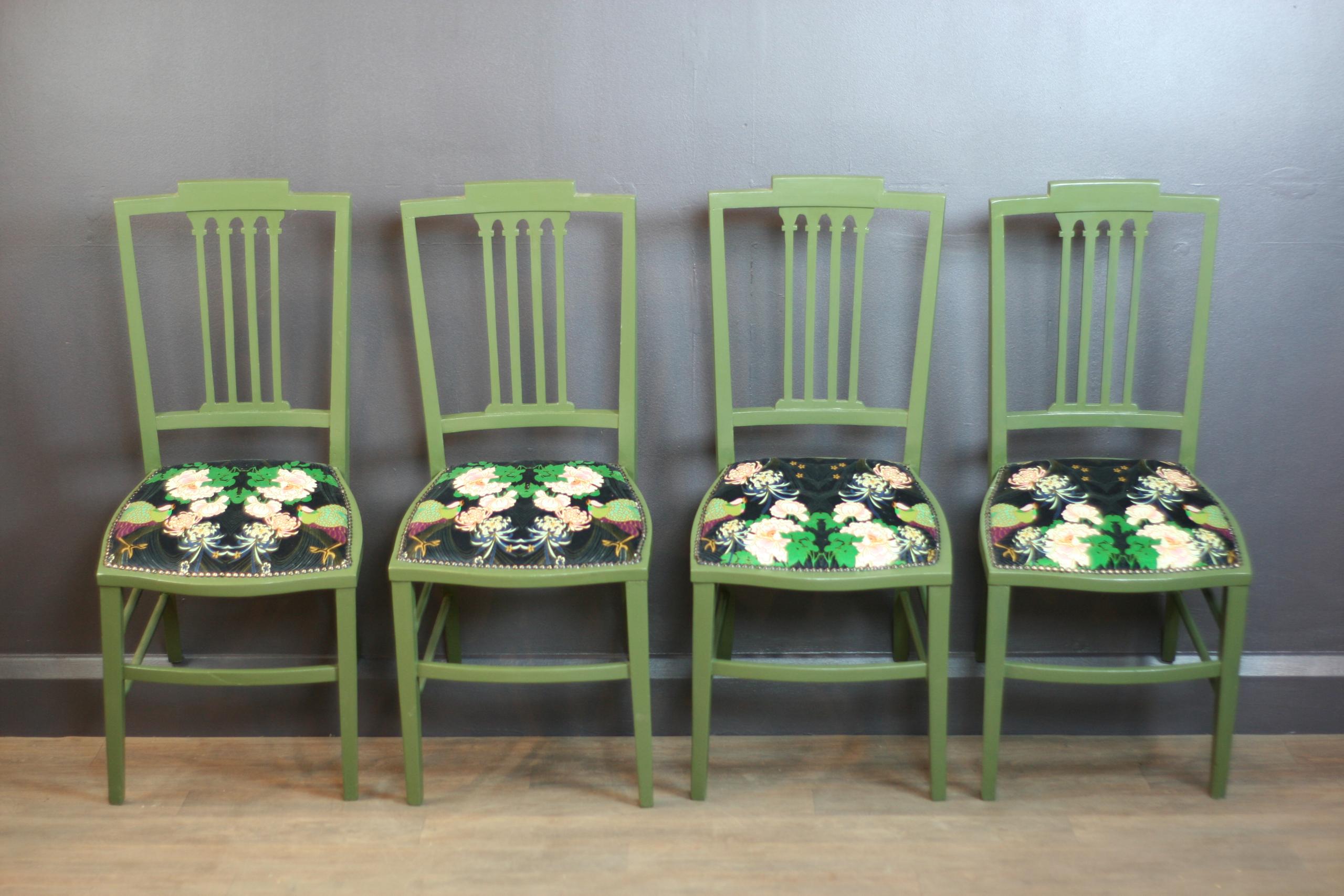 Set of 4 decorative antique chairs. This piece has been hand painted in 'Olive Green' and reupholstered with Latex foam and 'Phoenix Black' Wendy Morrison Cotton Velvet Fabric.