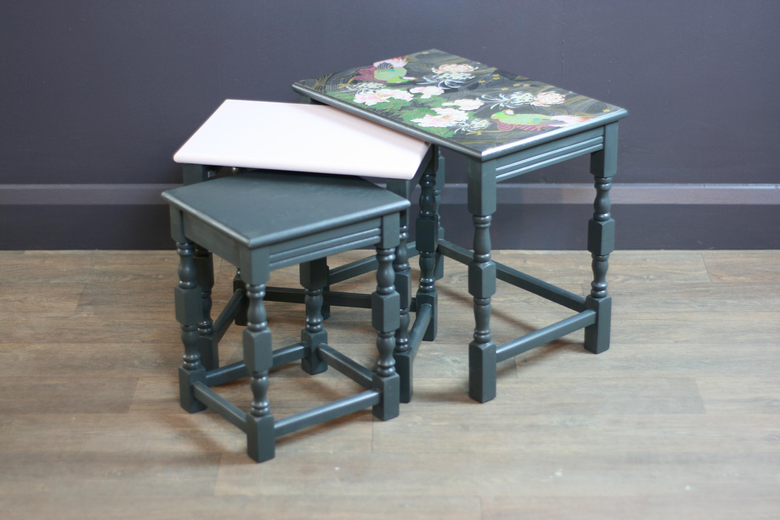 Set of 3 Vintage Nest of Tables, one with Wendy Morrison Top. This Vintage Nest of Tables was sanded, painted, and wallpapered in our London based workshop.