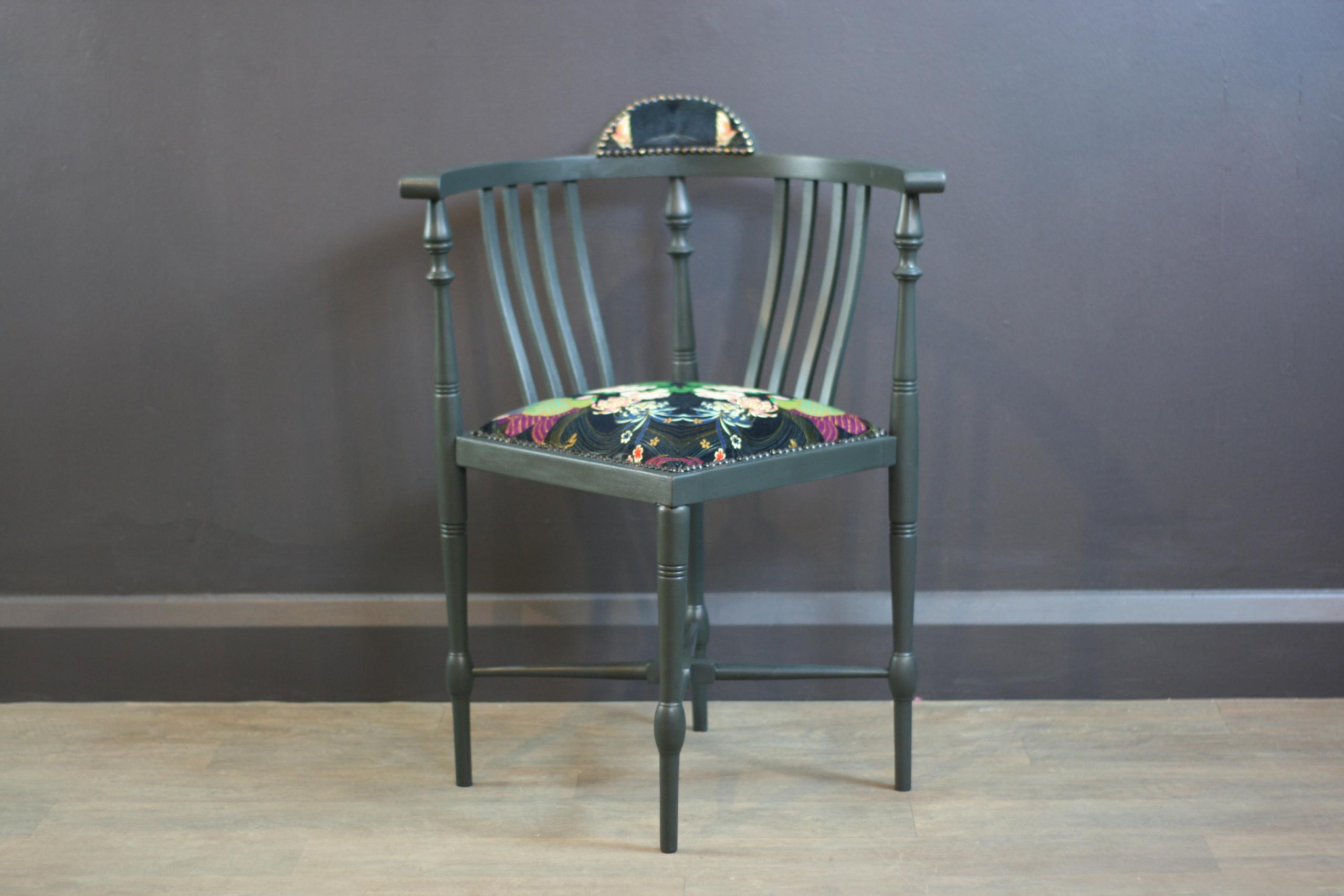 This decorative antique corner chair has been hand painted and reupholstered with 'Phoenix Black' Wendy Morrison Cotton Velvet Fabric