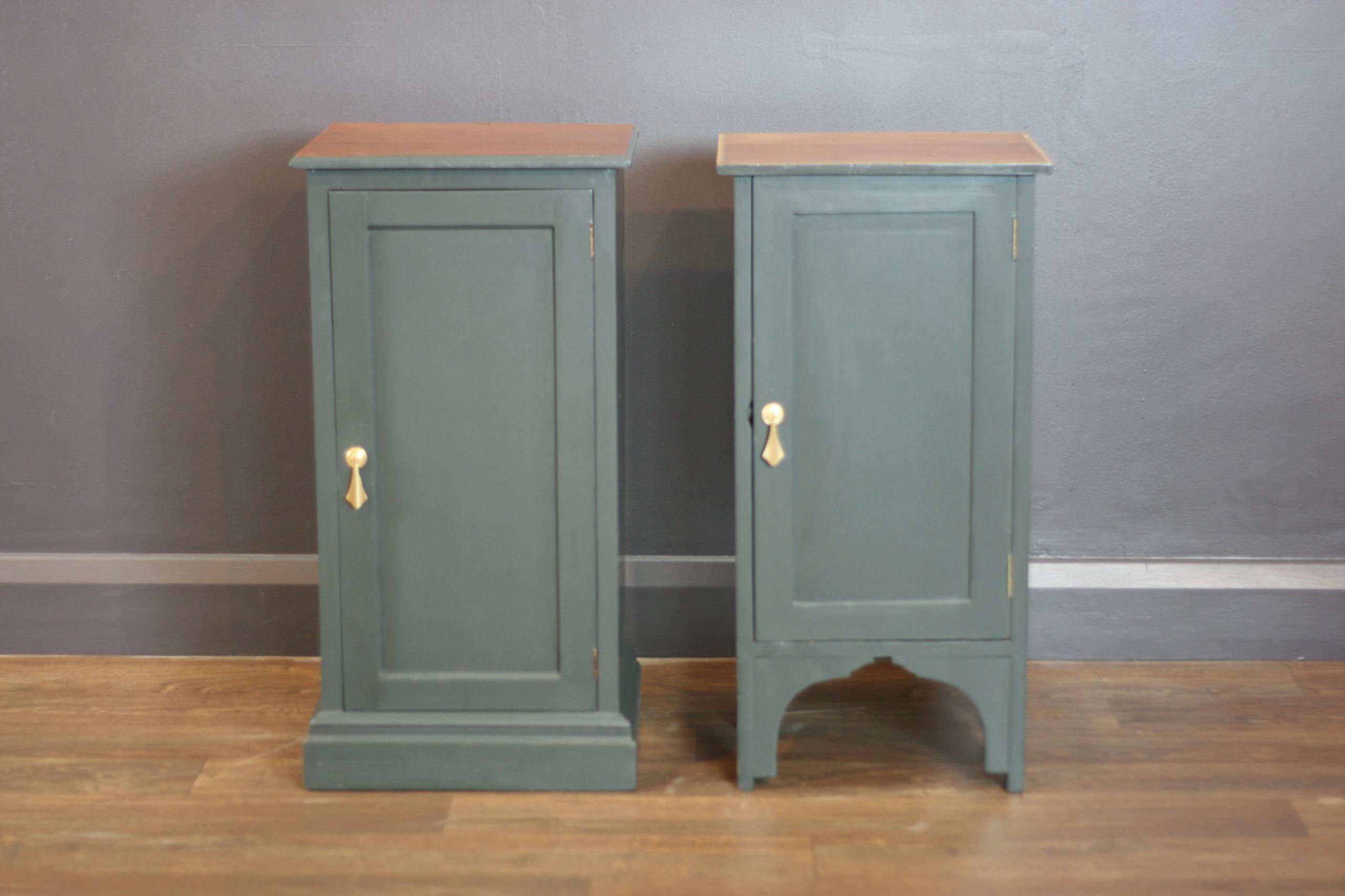 Hand Painted and Restored Bedside Cupboards Regency style (similar but not matching in design) Bedside cupboards, with hand restored tops. These Bedside cupboards have been hand painted and restored in our London based workshop, using 'Lamp Black'. 1- Height: 77cm, Width: 41cm, Depth: 38cm 2- Height: 76cm, Width: 39cm, Depth: 36cm
